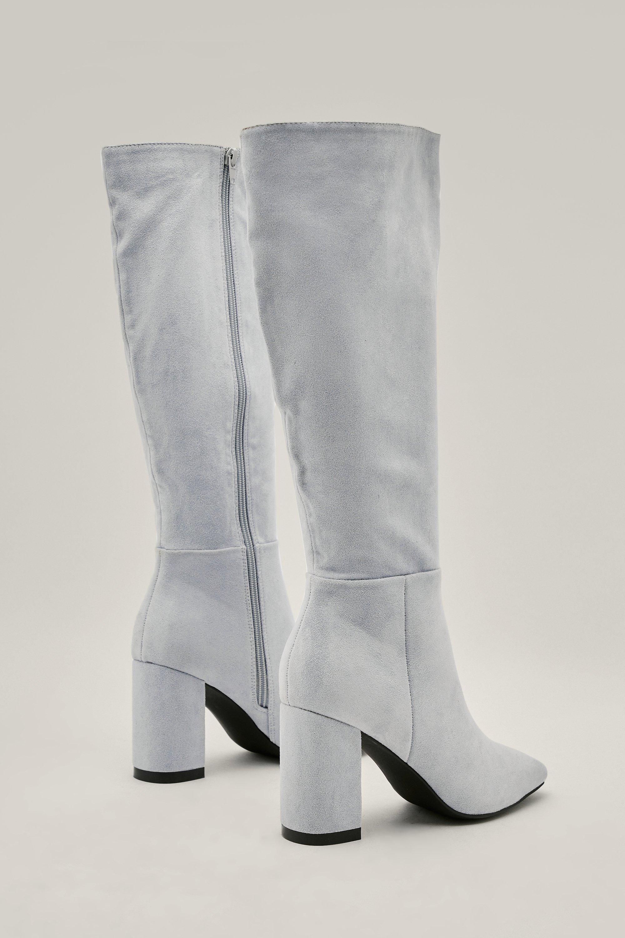 Grey suede knee high heel boots deals